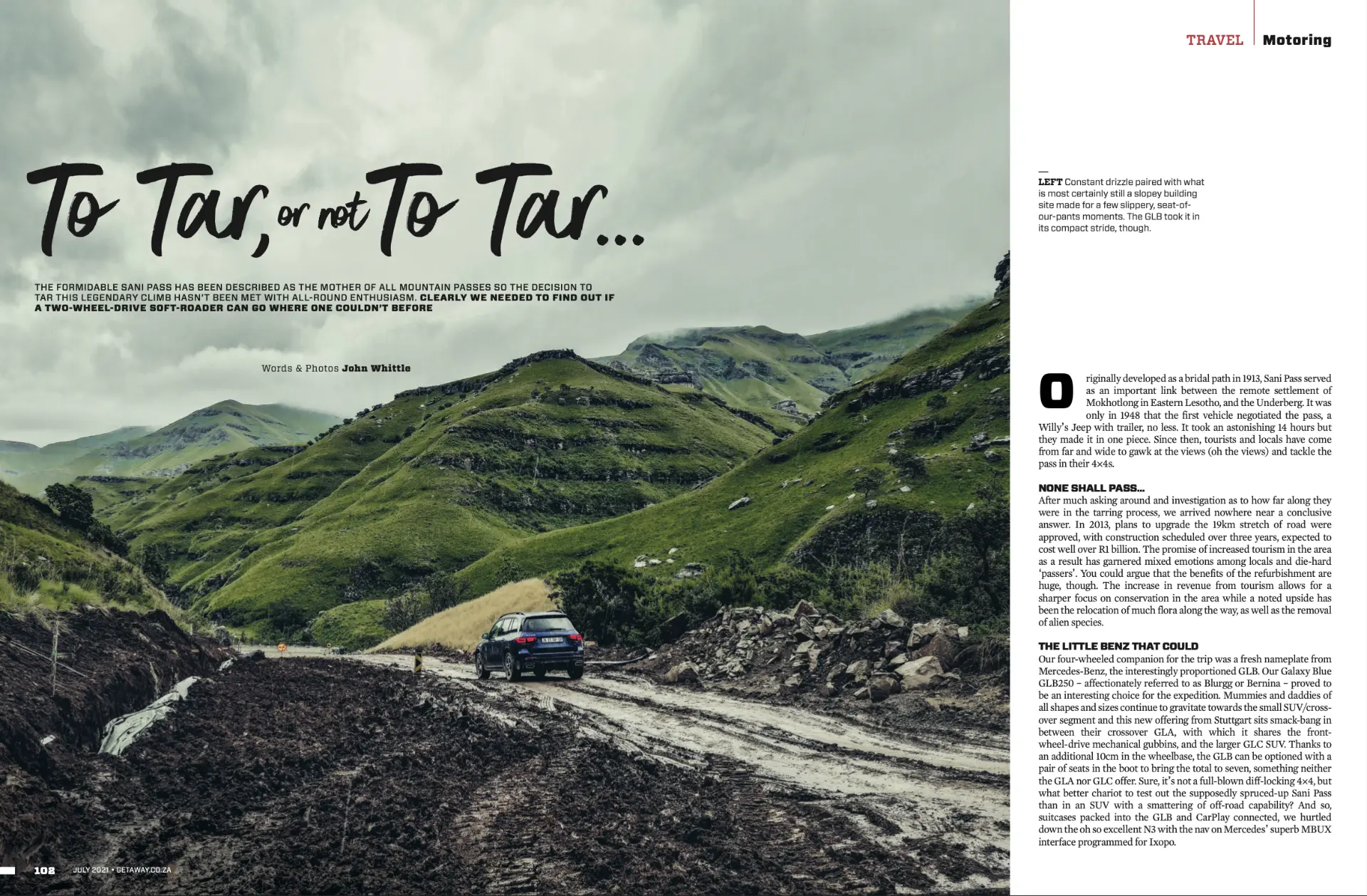Getaway Magazine spread of To Tar, or not To Tar with a blue Mercedes-Benz GLB on a muddy mountain road below green peaks, July 2021