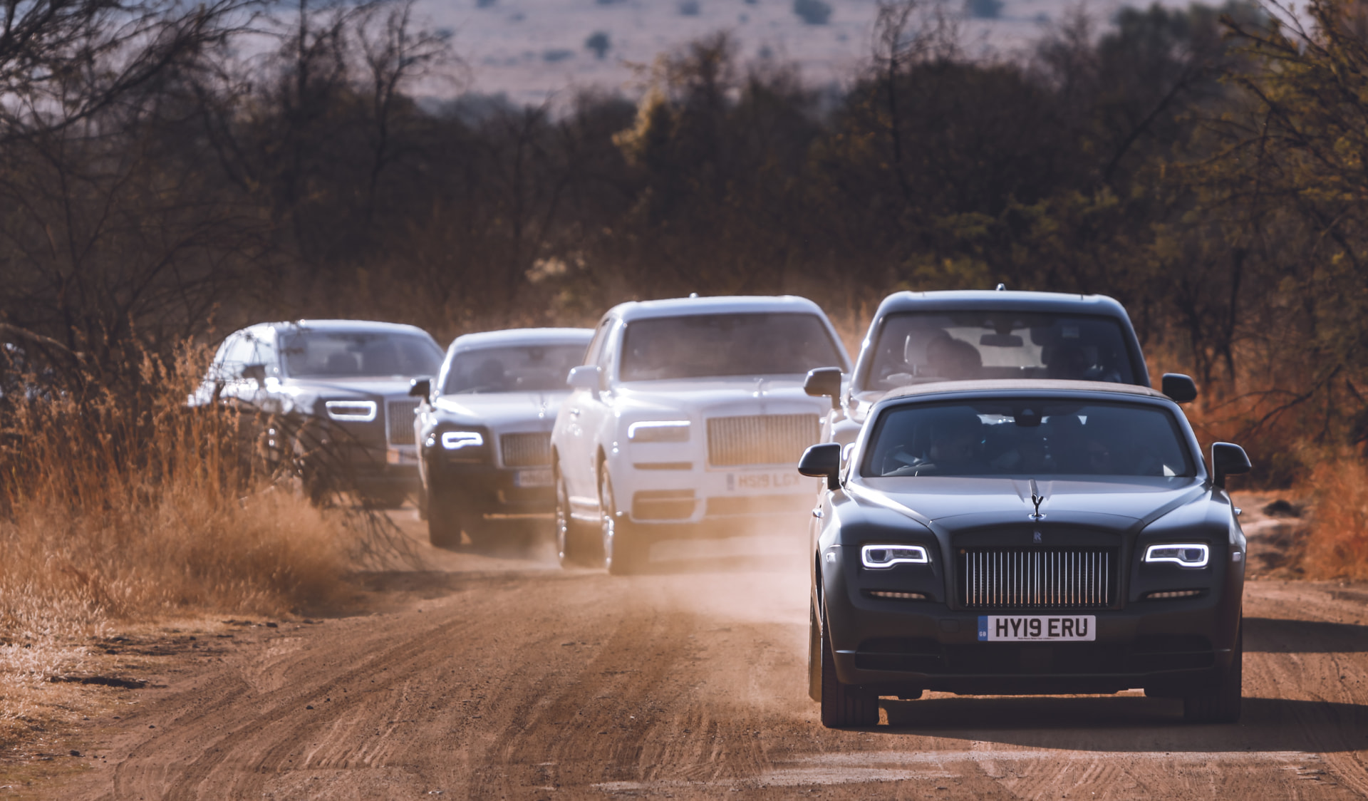 Fleet of Rolls-Royces driving in convoy along a dust road through the bushveld