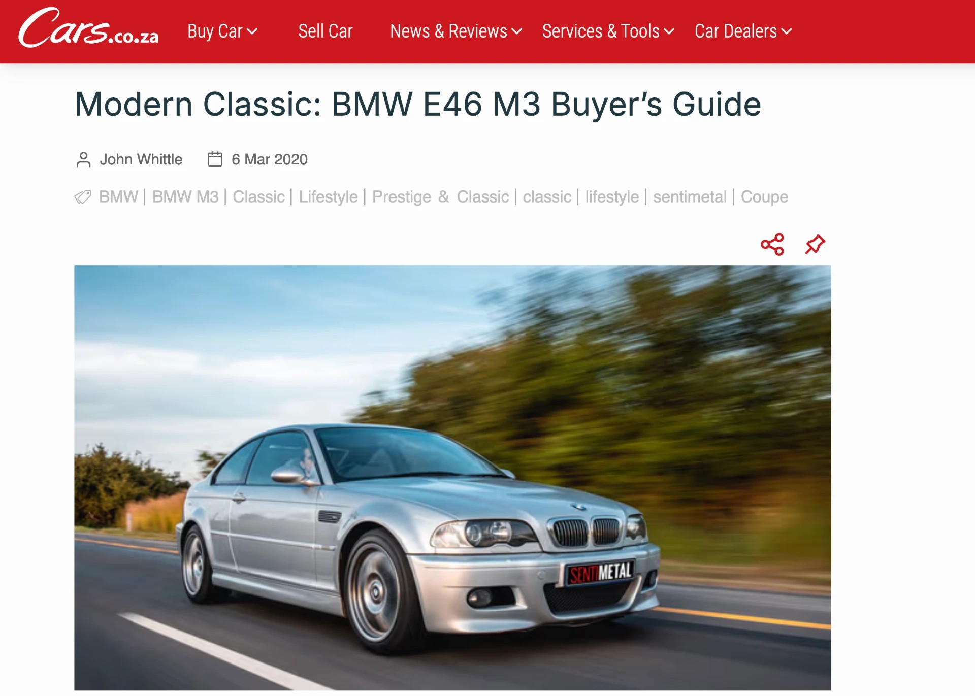 Silver BMW E46 M3 driving at speed on an open road for the Cars.co.za buyer's guide