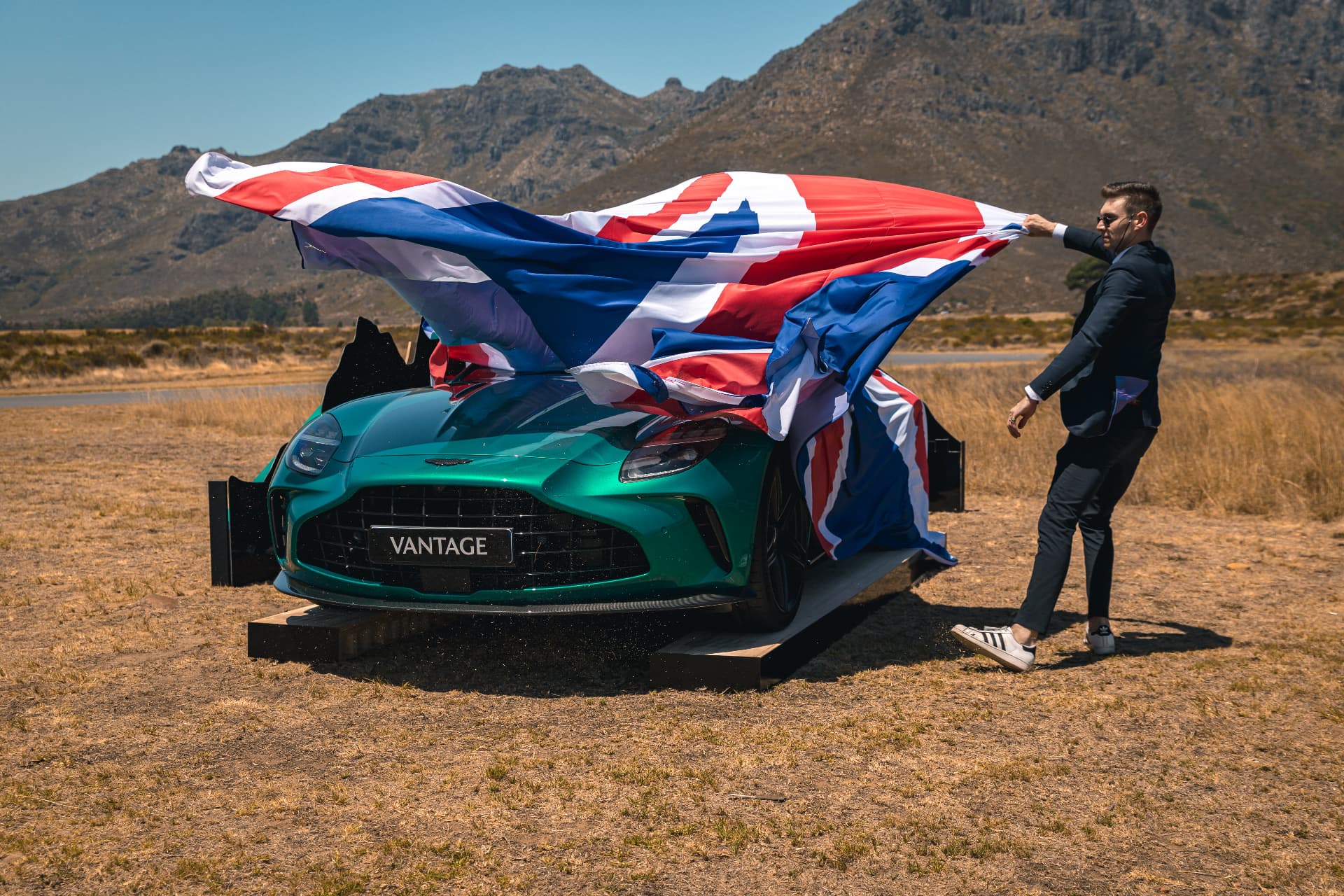 Green Vantage unveiled as a Union Jack is pulled away on the Franschhoek track