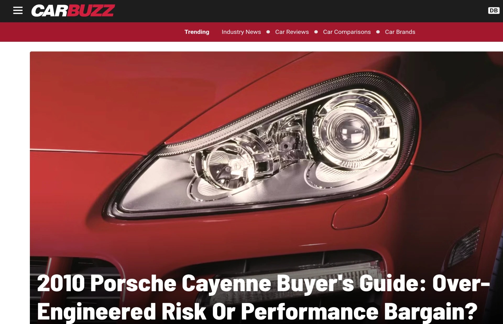 CarBuzz buyer's guide by John Whittle featuring a red 2010 Porsche Cayenne